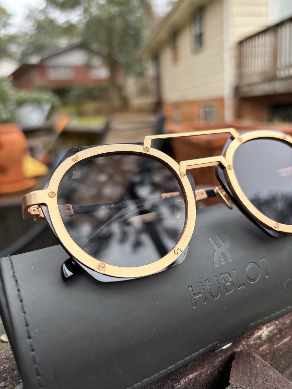 Hublot Gold Round Metal Sunglasses with Black Lenses - Picture 7 of 7